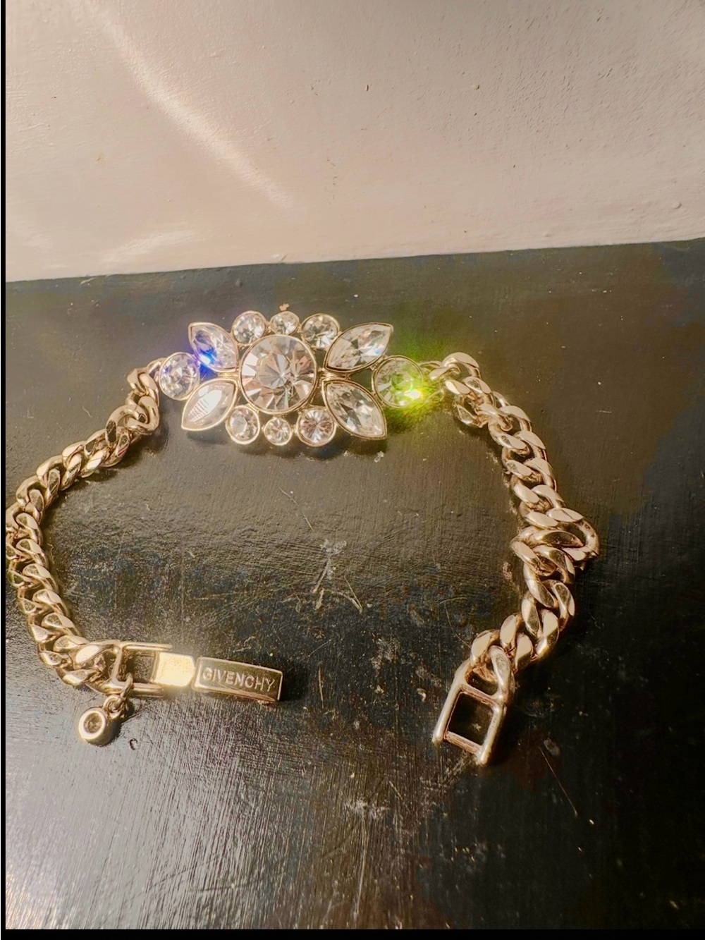 GIVENCHY Swarovski 18k Gold Plated Clear Crystal 1980s Vintage Floral Bracelet
